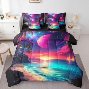 Erosebridal Комплект постельного белья Hawaii Beach с тропическим принтом пальм и морской тематикой в голубых тонах, Blue Pink Purple