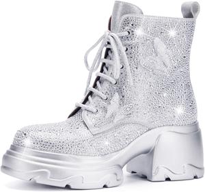 Женские боевые ботинки TDD с кристаллами и стразами, блестящие, с шнуровкой, на платформе, с высоким каблуком, широкие по голенищам, удобные серебристые готические ботильоны