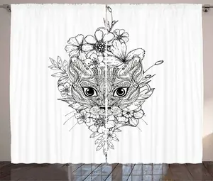 Штора ABAKUHAUS в деревенском стиле с рисунком кошки, нарисованная от руки, присборенная штора для спальни с петлями и крючками, 280 x 245 см, цвет белый/черный Abakuhaus