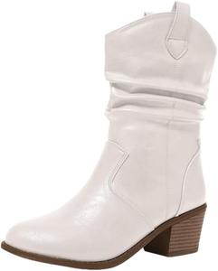 Женские вестерн-ковбойские ботинки с петлями для надевания, прочный каблук и стиль на щиколотке, удобные ботильоны для девушек-подростков и женщин Hhhchpm, White