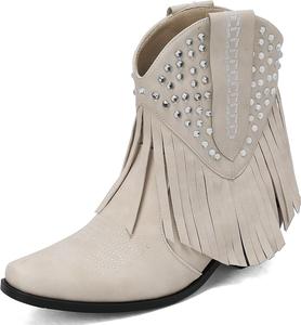 Женские ковбойские ботинки Alsoloveu с бахромой, вышивкой, заостренным носком, массивным каблуком, вестерн-стиля, винтажные ботинки с кисточками, ботильоны, Beige