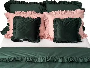 Комплект постельного белья из хлопка с оборками, пододеяльник 180x200 см + 6 наволочек, цвет бутылочно-зеленый/грязно-розовый EDANTI