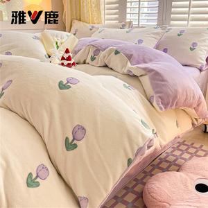 Yalu Комплект постельного белья 1,8 м: простыня на резинке, пододеяльник 200x230 см, тюльпан, фиолетовый, двусторонний флис, терморегуляция