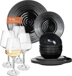 Набор походной посуды из меламина на 4 персоны, цвет каменный темно-черный + 4 бокала для белого вина Милано, столовая посуда, посуда для пикника и барбекю Moritz