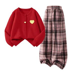 Детская повседневная спортивная одежда Disney, [Thickened And Fleece-Lined]Dihg Heart-Shaped Hook-And-Loop K Red+Solid Color Pink Plaid