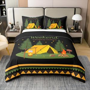 Erosebridal Комплект постельного белья Happy Camping из 100% хлопка с принтом в стиле джунглей и путешествий, Black and Yellow