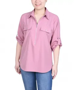 Миниатюрная блузка с рукавами 3/4 и застежкой-молнией спереди NY Collection, розовый