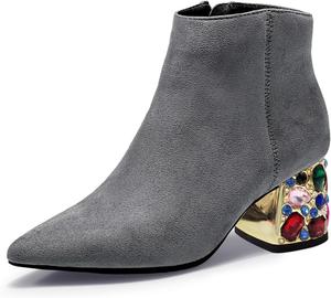Женские классические ботильоны YDN с закрытым носком и острым каблуком, молниями, V-образным вырезом, стразы, низкий блочный каблук, обувь для работы и повседневного ношения, размеры US 4-15, Grey