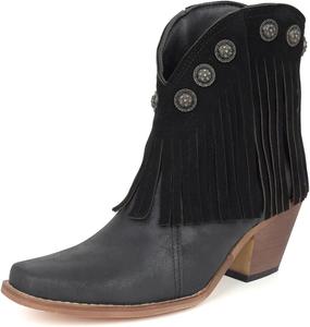 Женские ботильоны UniqueStride с бахромой на щиколотке, кожаные, с принтом, вестерн, с массивным каблуком, кисточками, заклепками, с удобной посадкой, короткие ковбойские сапожки, Black