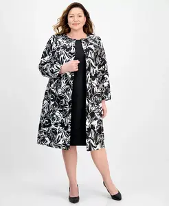 Жакет больших размеров с цветочным принтом и воротником-стойкой, а также платье больших размеров с завышенной талией Le Suit, черный