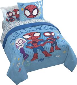 Детский комплект постельного белья Jay Franco, включающий простыни и наволочки - мягкий и уютный комплект для стильного оформления комнаты, светло-голубой - Человек-паук и его удивительные друзья, комплект постельного белья размера Queen, 7 предметов