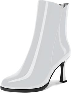 Женские ботильоны AMBELIGHT с закрытым носком, на молнии, из лакированной кожи, с высокими шпильками 3,3 дюйма, подходящие для свадебного платья, White