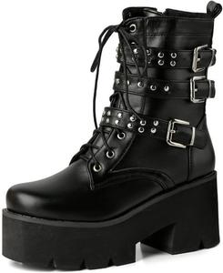 Женские готические ботильоны на платформе со шнуровкой, заклепками и массивной подошвой, модные панк-ботильоны Generic, Black -3
