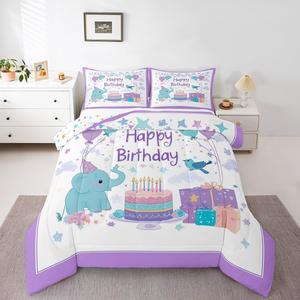 Erosebridal Комплект постельного белья Cute Elephant King с тематикой дикой природы и разноцветными звездами, White Purple