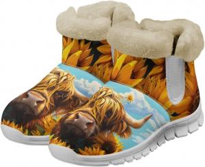 Противоскользящие зимние ботинки для женщин с полностью теплой фланелевой подкладкой, удобные эластичные меховые ботинки на зиму Glomenade, Sunflower Highland Cattle