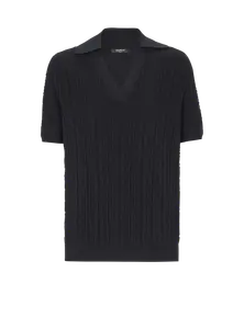 Поло с вязаным монограммным узором Balmain, черный/розовый