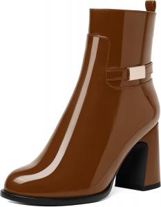 Женские ботильоны NUMALEO с круглым носком, ремешком на щиколотке, лакированные, с наружной молнией, удобные, стильные, с металлическим каблуком, каблук 3,3 дюйма, Brown