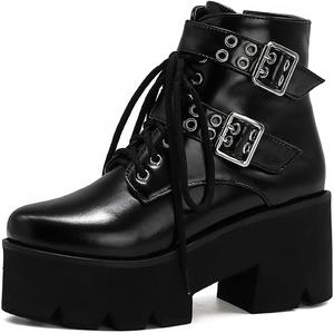 Женские ботильоны на массивном высоком каблуке, с круглым носком, пряжкой, шнуровкой и молнией, вестерн стиль, короткие JOEUSTY, Black/Leather-Velvet Lined