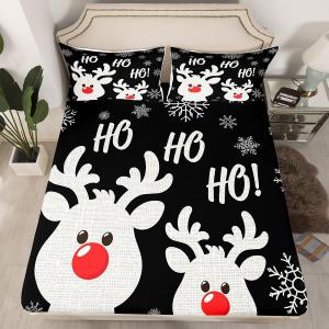 Erosebridal Комплект постельного белья с новогодним принтом оленей и снежинок с глубокими карманами, Red Black