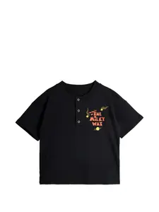 Футболка с наполовину застежкой на пуговицах и графическим принтом Mini Rodini, черный