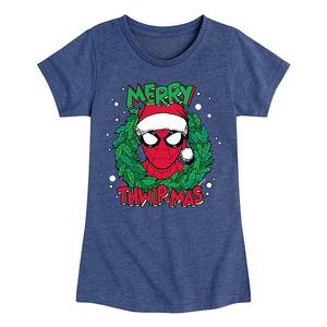 Футболка с принтом Spider-Man Merry Thwip-mas для девочек Marvel, Heather Navy