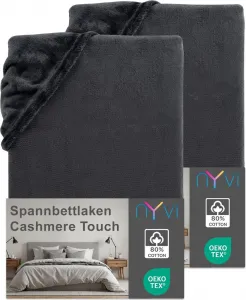 Простыня на резинке DreamScience Cashmere Touch 90x200 - 100x200 см, антрацит, 2 шт., для матрасов высотой до 22 см - бархатистая, мягкая и теплая простыня на резинке NYVI