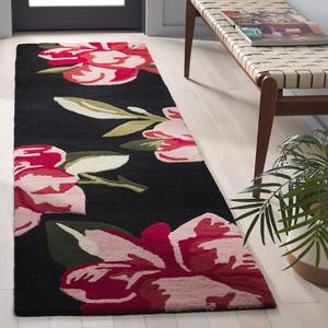 Ковер-дорожка SAFAVIEH, 69 x 244 см, Jardin Collection, Black & Pink, ручной работы из шерсти, цветочный и ботанический узор, идеально для гостиной, прихожей, холла, спальни (JAR403Z-28)