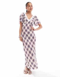 Платье миди New Look с кружевом в клетку и рукавами-крылышками кремового цвета