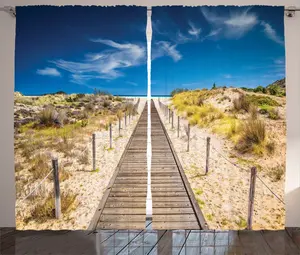 Штора ABAKUHAUS Пляжная рустика, Идиллический тихий берег, универсальная ленточная штора для гостиной с петлями и крючками, 280 x 225 см, кремово-голубой