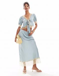 Юбка миди из атласа синего цвета с кружевным подолом Asos Design