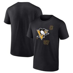 Мужская черная футболка с фирменным логотипом Sidney Crosby Pittsburgh Penguins и капитанской нашивкой с именем и номером Fanatics
