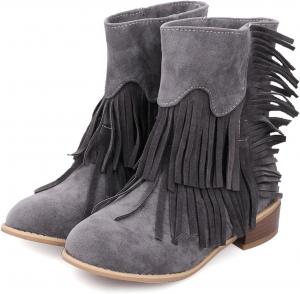 Женские ботильоны ZBYY с кисточками, модные зимние сапожки с бахромой, низкий каблук, заостренный носок, западные ковбойские ботильоны, Grey 10.5
