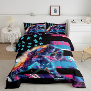 Erosebridal Комплект постельного белья Hockey Lacrosse Sports Ball с тематикой спортивных игр и винтажными звездно-полосатыми мотивами, Teal Blue Purple Black