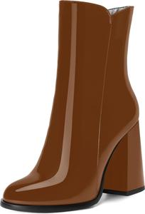 Женские ботильоны WAYDERNS на высоком каблуке 4 дюйма с круглым носком, молнией, однотонным дизайном, лаковой отделкой и модным стилем для свиданий, Brown