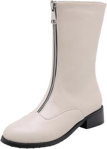 Женские байкерские ботинки с низким массивным каблуком, длиной до середины голени с передней молнией XIEPP, Beige
