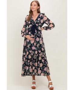 Длинное платье для беременных из шифона с цветочным принтом и бантом спереди, темно-синего цвета Pinkblush, Navy blue