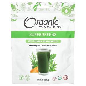 Добавка Organic Traditions Supergreens with Turmeric and Probiotics, 100 г