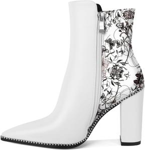 Younton Женские короткие ботильоны с заостренным носком, декорированные бусинами, массивным каблуком 3,7 дюйма и боковой молнией