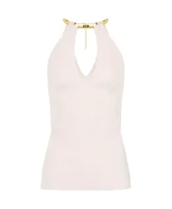 Вязаный топ с узором в виде змеиной кожи, украшенной драгоценными камнями. Elisabetta Franchi, белый