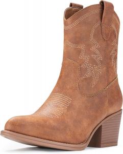 Женские ковбойские ботинки IXU с коротким голенищем, широкие, средней высоты, с острым носком, вестерн-бботинки, короткие массивные классические ботильоны, Brown