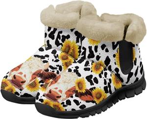 Зимние ботинки Jeiento Cow для женщин, уличные зимние ботинки без шнурков с подсолнуховым принтом, противоскользящие прогулочные ботинки, Cow Print Sunflower