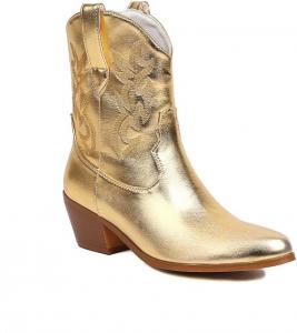 Короткие металлические ковбойские ботильоны Rave для женщин и девушек-рейверов - сексуальные ботинки с вышивкой в западном стиле на среднюю икру с низким каблуком, милые ретро-ботинки с заостренным носком и поддержкой свода для мотоциклистов Zenrave, Gold