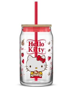 Любимый вкус Hello Kitty и ее друзей. Стеклянный стакан в форме банки Hello Kitty с деревянной крышкой и трубочкой JoyJolt, мультколор