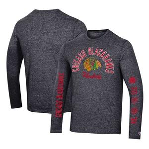 Мужская футболка с длинным рукавом heather black chicago blackhawks multi-logo tri-blend Champion