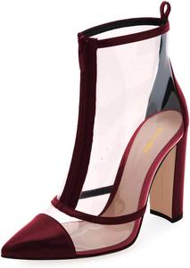 Женская мода XYD Прозрачные ПВХ ботильоны на толстом высоком каблуке, короткие с острым носком и передней молнией, Wine Red