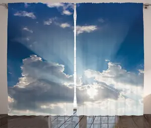 Штора ABAKUHAUS "Рустикальный пейзаж", облака, солнечное небо, универсальная ленточная штора для гостиной с петлями и крючками, 280 x 245 см, сине-белая Abakuhaus