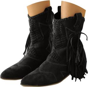 Generic Черные осенне-зимние ковбойские ботинки с кисточками для женщин, замшевые, широкие, с вышивкой, средние по высоте, с острым носком и массивными каблуками, удобные, праздничные, повседневные ботинки для вечеринок и прогулок