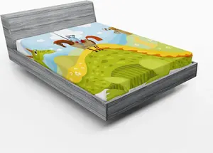 Простыня на резинке ABAKUHAUS Fantasy, изображение рыцаря Дон Кихота с конем на фоне средневековой сказки Долина драконов, 180 x 200 см, цвет: зеленый, небесно-голубой Abakuhaus