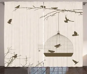 Штора ABAKUHAUS Птицы в деревенском стиле, дизайн Птичья клетка и дерево, универсальная ленточная штора для гостиной с петлями и крючками, 280 x 225 см, бежевый и сепия Abakuhaus