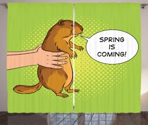 Шторы в деревенском стиле из коллекции ABAKUHAUS День сурка, арт-объект Весна идет, универсальные ленточные шторы для гостиной с петлями и крючками, 280 x 225 см, зеленый и рыжий Abakuhaus